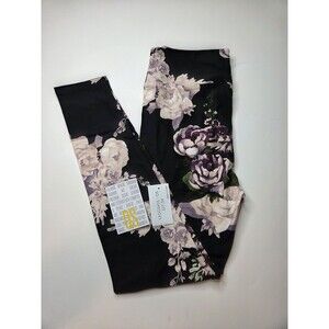 LuLaRoe OS One Size 2-10 Leggings Black with Purple Floral Print Buttery Soft